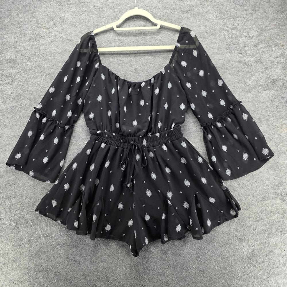 Mi Ami Romper Womens M Black One-Piece Off The Shoulder Chiffon Paisley